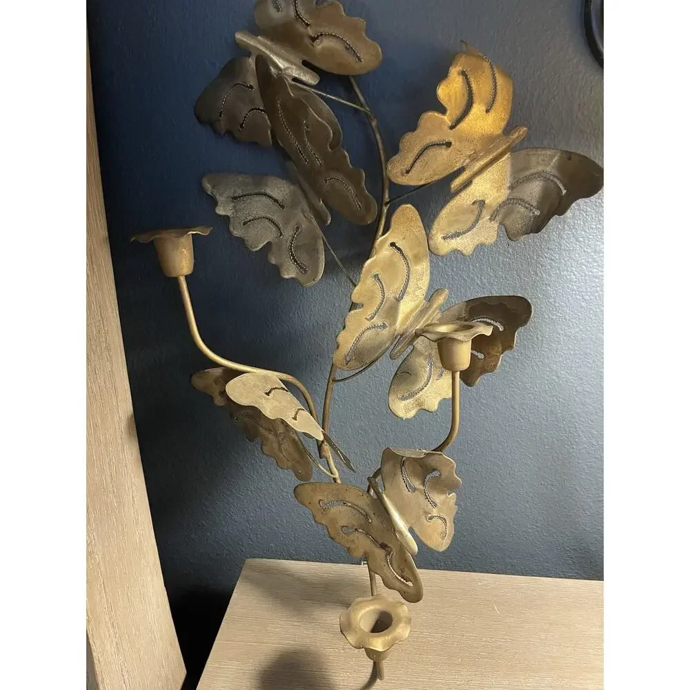 Vintage MCM Brass Butterfly Wall Candle Sconce 3 Taper Holders Hollywood Regency